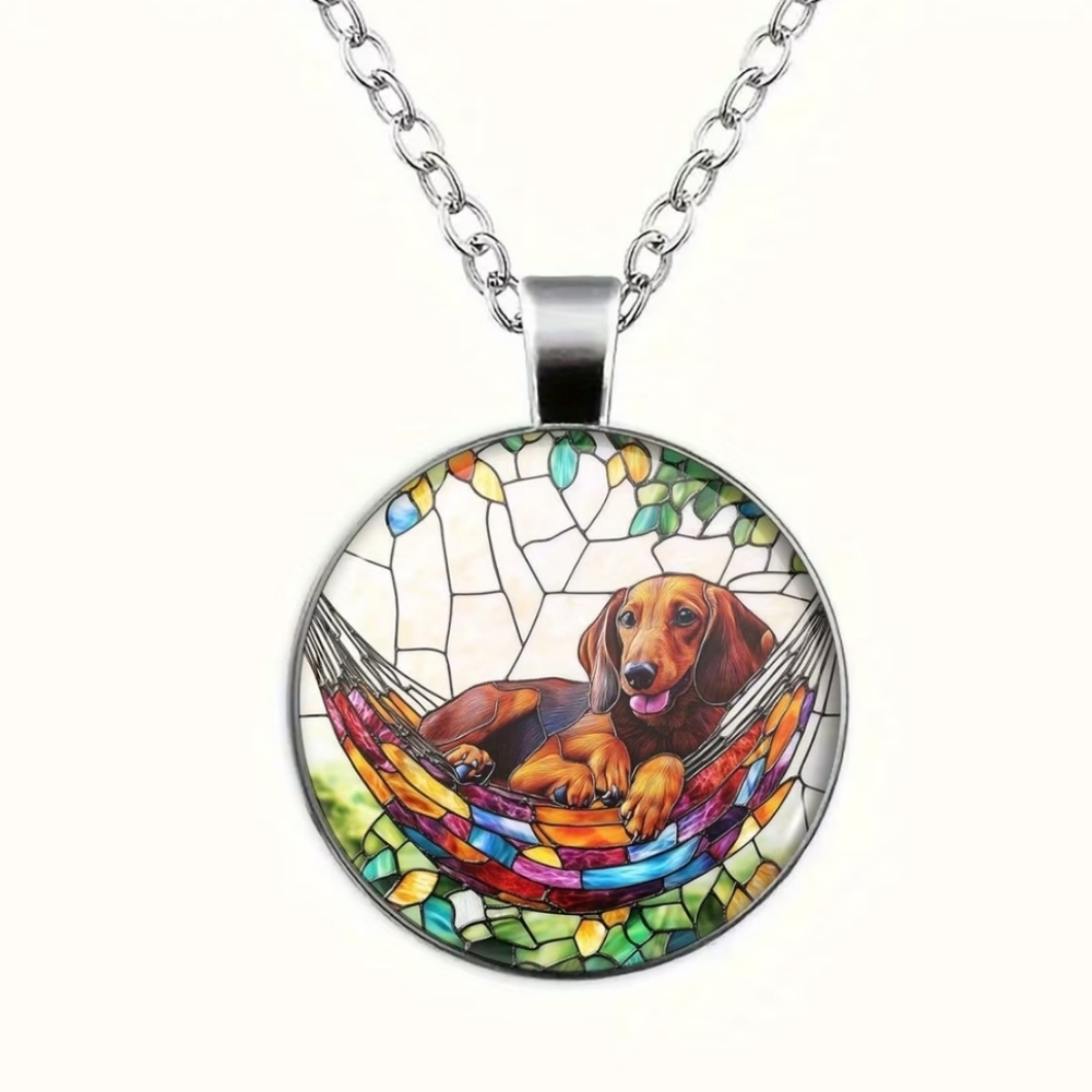 925 Silver Dachshund Dog in Hammock‎ Colorful Stained Glass Pendant Necklace
